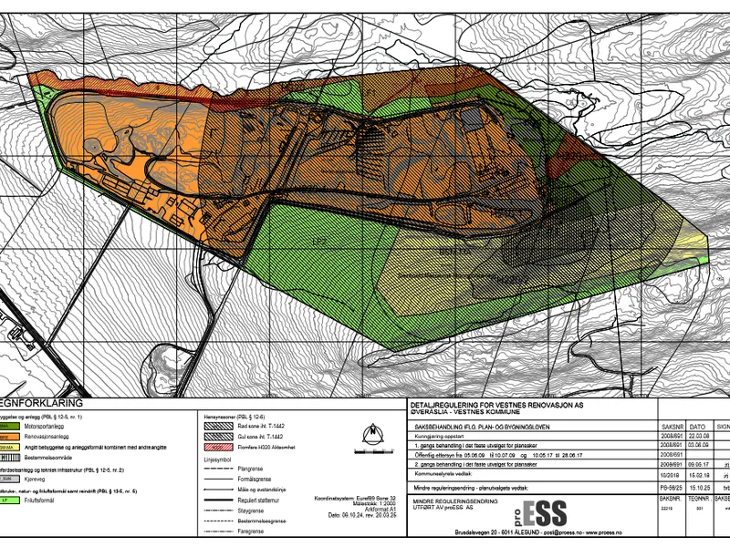 Reguleringsplankart for Øveråslia i Vestnes kommune, detaljregulering for renovasjonsanlegg og tilgrensende motorsportanlegg med angitte arealformål, veier og grønnstruktur. - Klikk for stort bilete