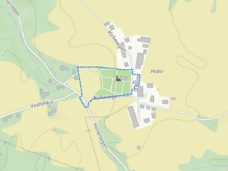 Kartutsnitt som viser planområdet med stiplet blå linje.