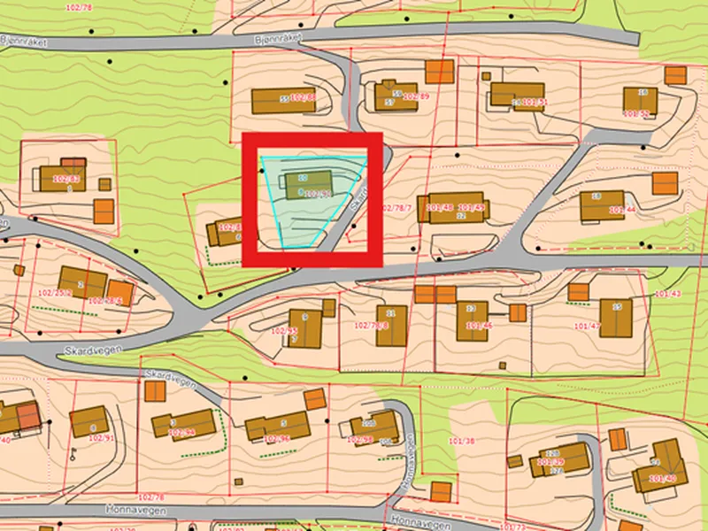 Fig 1: Utsnitt oversiktskart over Skardvegen 8, 10  - Klikk for stort bilde